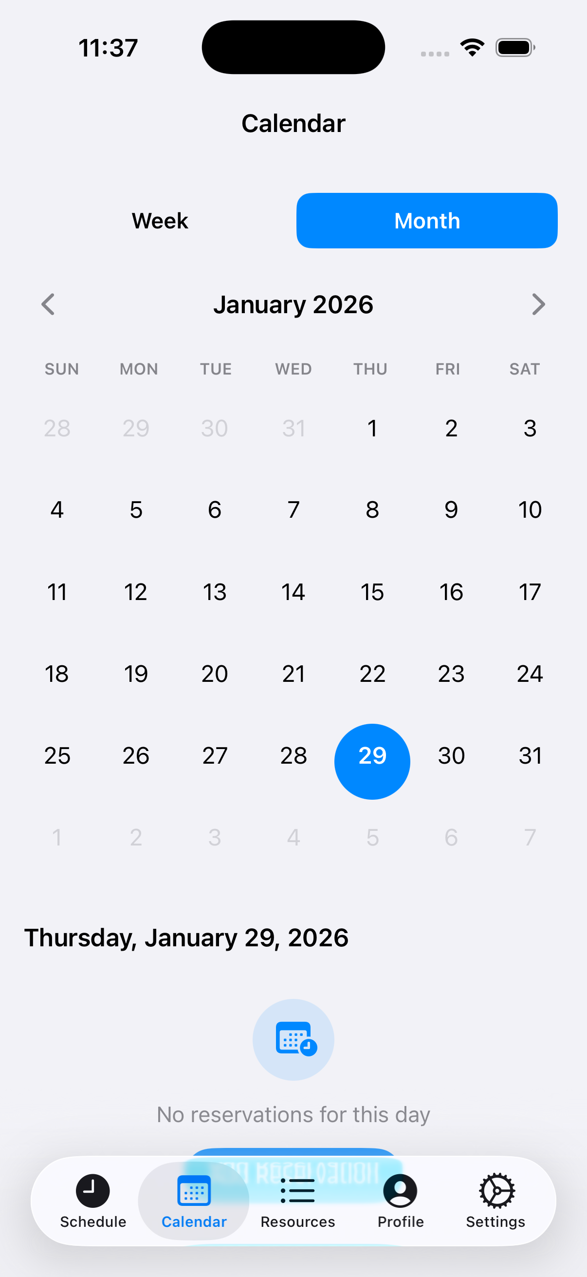 Month calendar view with selected date